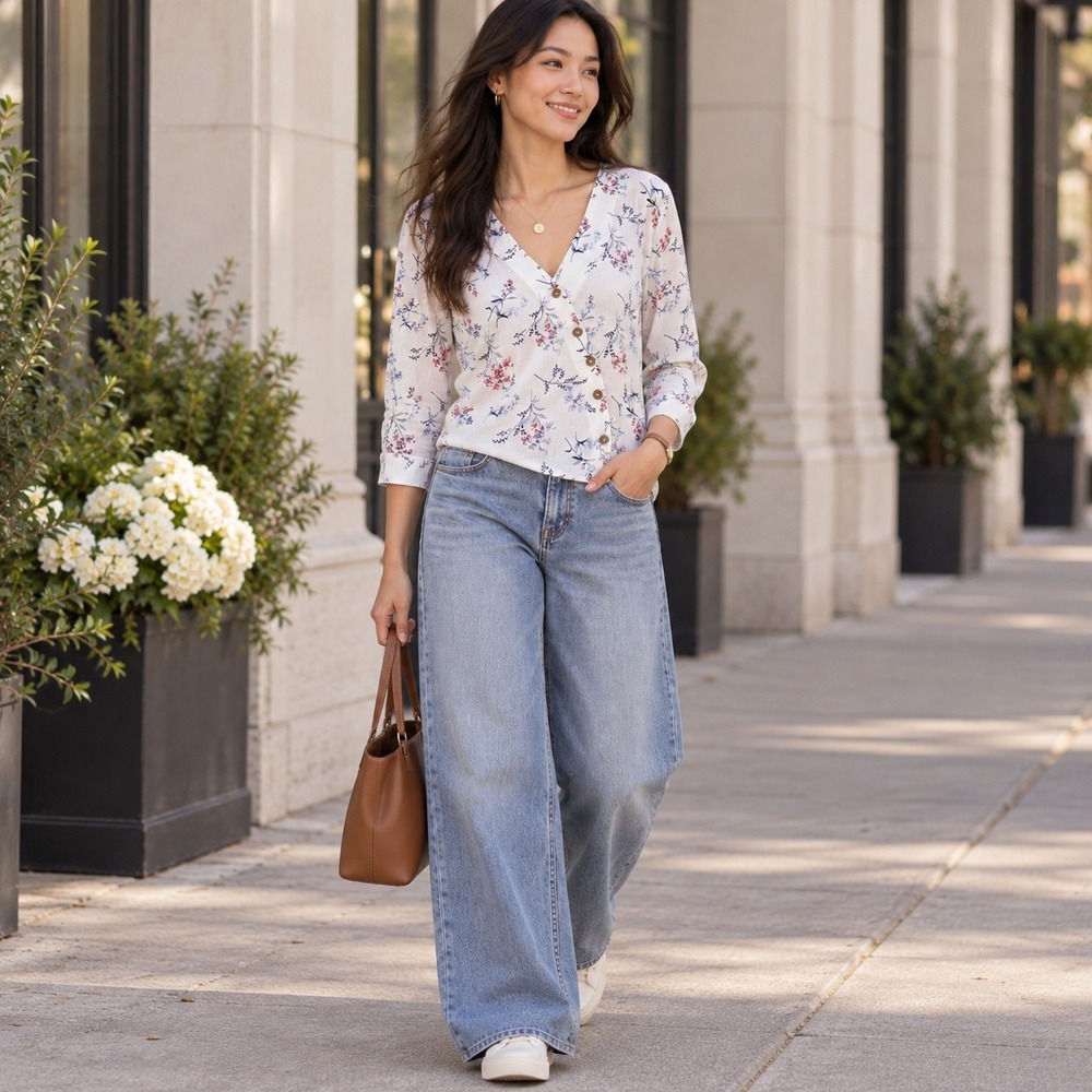 Bossini Floral Blouse Button Down Long Sleeve V Neck Top White, US Large